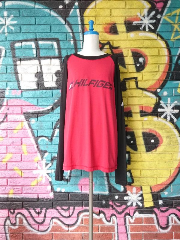 画像1: [USED]-90's【TOMMY HILFIGER】"HILFIGER" LOGO PRINT ACTIVE L/S TOPS  (1)